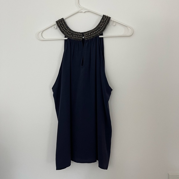 Joie | Embellished Silk Navy Drapey Tank with Beaded, Halter High Neckline โจ - Picture 9 of 9